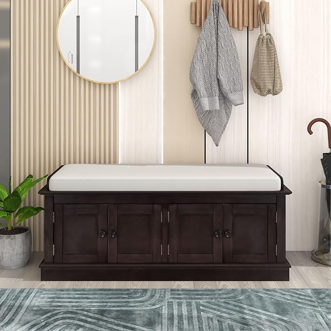 Merax Farmhouse Solid WOD Entryway Shoe Bench with Seat Cushion Multifunctional Storage Cabinet for Hallway Living Room Bedroom Espresso