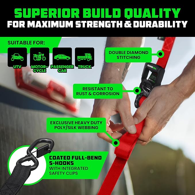Rhino USA Ratchet Straps Heavy Duty Kit (4-Pack) - 1.6 Inch x 8 Feet Min Break Strength (5,000) - Ultimate Tie Down Straps with Safety S Hooks for Trucks, ATV, UTV, Motorcycle, Cargo & More - Red