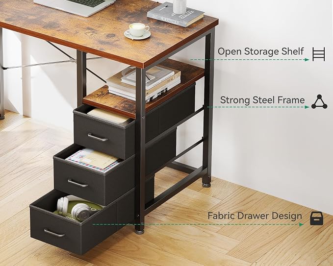 AODK 32 Inch Small Computer Desk with Fabric Drawers, Vintage | Mini Desk with Storage Shelf & Bag, Kids Study Desk for Bedroom, Home Office Desk for Small Space