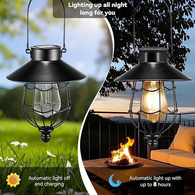 Solar Lanterns Outdoor Hanging Metal Vintage Lantern Warm White Solar Lights lamp Waterproof Edison Bulb Design for Pathway Garden Patio Yard Tree Decoration (Black)