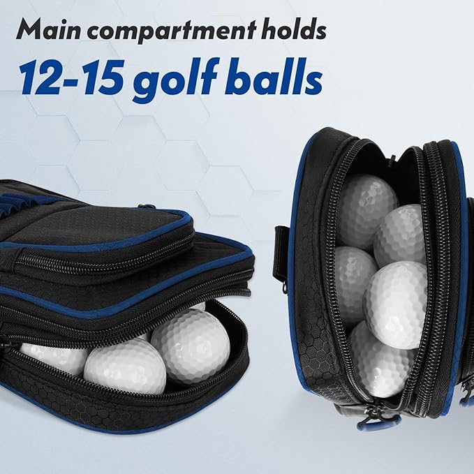 mytag Golf Ball Bag Pouch | Store 12-15 Balls, Golf Valuables Pouch Portable Outfit Organizer Bag Organizer Case Multipocket (Blue/Black)