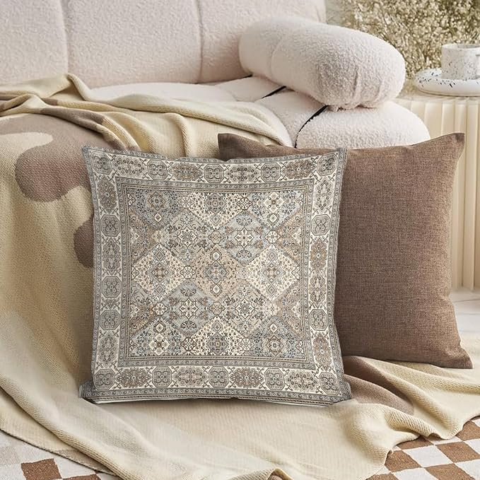 Boho Floral Throw Pillow Covers 20x20 inch Set of 2,Grey Boho Rug Geometric Floral Pattern Decor Double Sided Pattern Cushion Cover Soft Pillow Case Living Sofa Room Bed Square Pillow Cover
