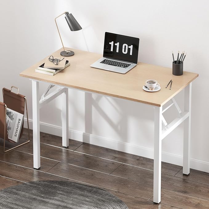 Need Small Computer Desk 31.5 in Folding Home Office Table Pink Oak | White Frame Writing Gaming Work Table/Sturdy Foldable Study Table for Small Space/Dormitory, No Assembly Required