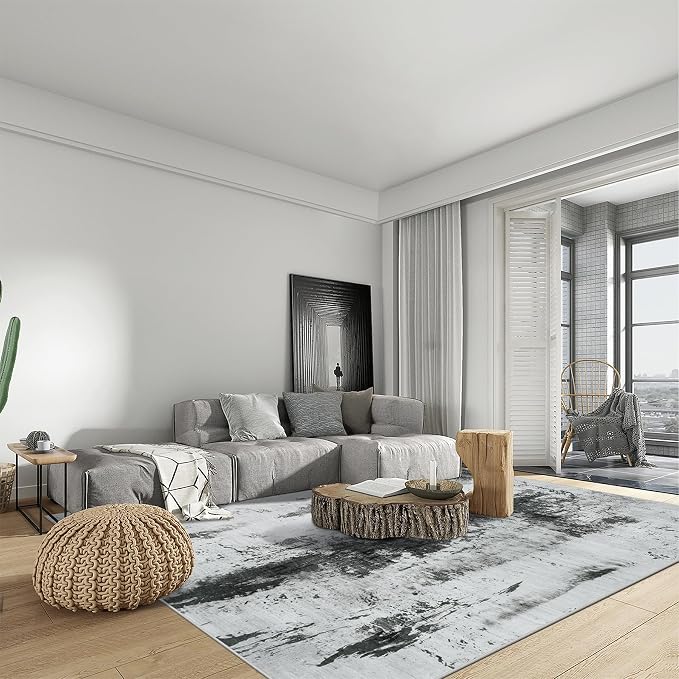 8x10 Area Rugs Washable Rug: Modern Abstract Living Room Rug Soft Anti-Skid Thin Carpet Indoor Floor Non-Shedding Carpets for Bedroom Dining Room Farmhouse Nursery Home Office Black White Grey