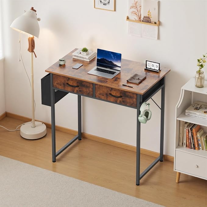 OLIXIS 32 Inch Small Desk, Computer Desk, Fabric Drawers | Side Bag, Headphone Hook, Work Table for Home Office Bedroom, Gaming, Brown