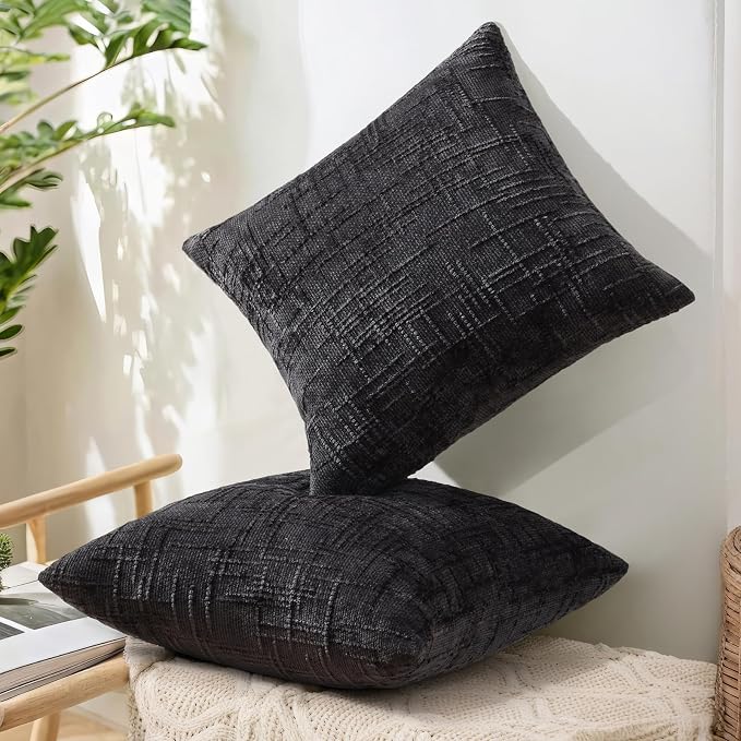 decorUhome Textured Chenille Throw Pillow Covers 22x22 Set of 2 Black | Fall Modern Farmhouse Soft Cozy Slubby Couch Pillow Cases Boho Decorative Pillow Cases for Bed Sofa Living Room Home Decor