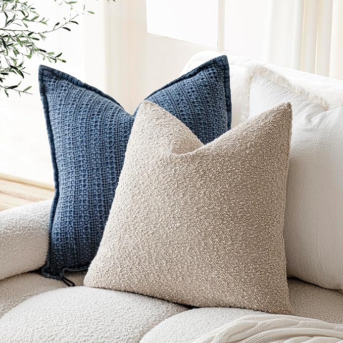 Foindtower Set of 2, Decorative Textured Boucle Throw Pillow Covers Accent Solid Pillow Cases Neutral Soft Cozy Couch Cushion Case for Chair Sofa Bedroom Living Room Home Decor 26 x 26 Inch,Oatmeal