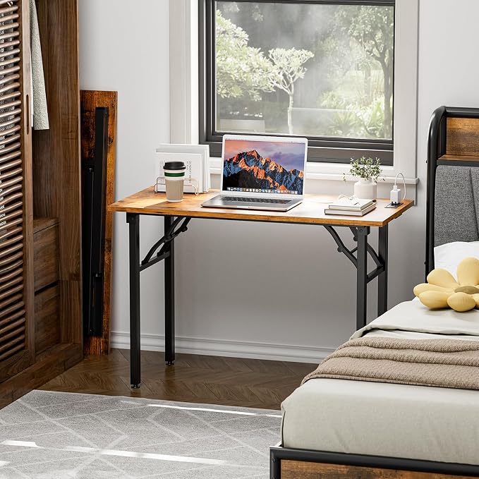 TEMI Small Computer Desk Folding Table - No Assembly, Compact 44.3" Foldable Desk with Power Outlets & USB Charging Port, Portable Small Office Desk, Ideal Mini Study Table for Narrow Spaces, Brown