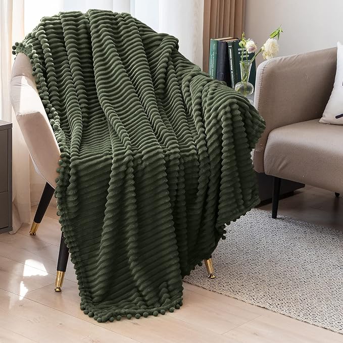 DISSA Fleece Blanket Throw Size – 51x63, Olive Green – Soft, Plush, Fluffy, Fuzzy, Warm, Cozy – Perfect Throw for Couch, Bed, Sofa - with Pompom Fringe - Flannel Blanket Throw Blanket
