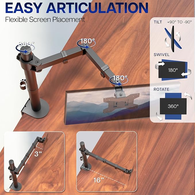 VIVO Single 13 to 38 inch Ultrawide Monitor Arm Desk Mount, Regular Screens up to 32 inches, 22 lbs capacity, Fully Adjustable Stand with C-Clamp and Grommet Base, Black, STAND-V001