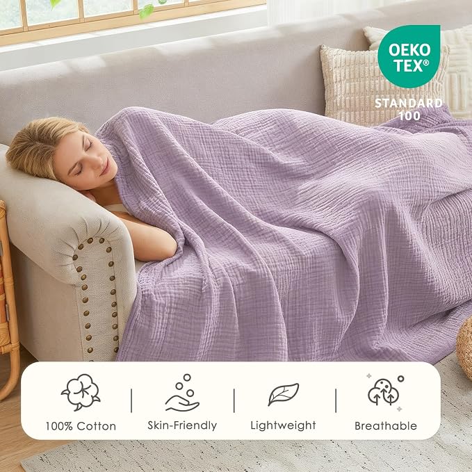 EMME Cotton Muslin King Blanket Bed Layering Bedspread Coverlet Breathable Gauze Soft Lightweight (Heather Lavender, 108"x90")