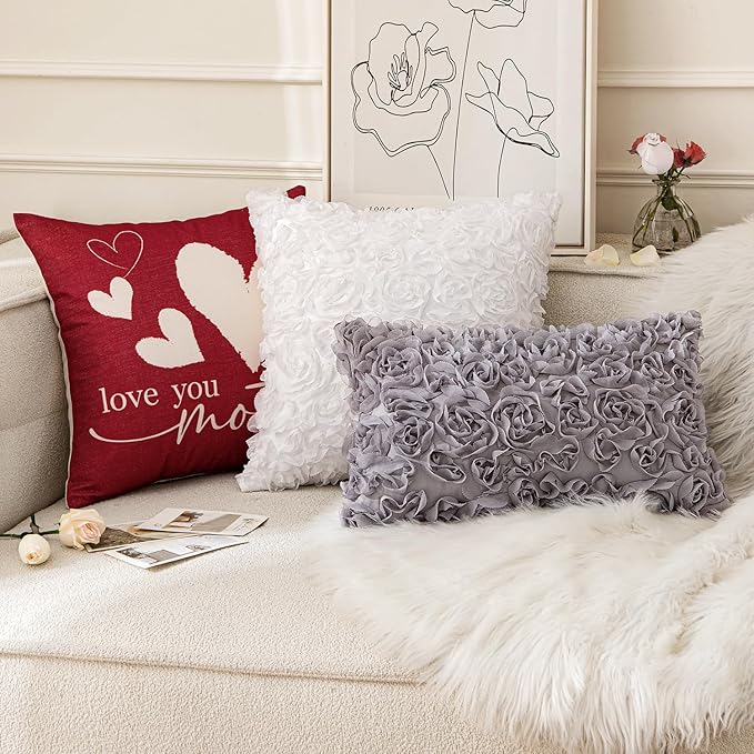 MIULEE Decorative Rose Flower Pillow Covers Pack of 2 Grey 16x16 Inch | Cute Romantic Stereo Chiffon Throw Pillow Cover Aesthetic Solid Pillowcase for Girl Coquette Room Decor Coach Bedroom