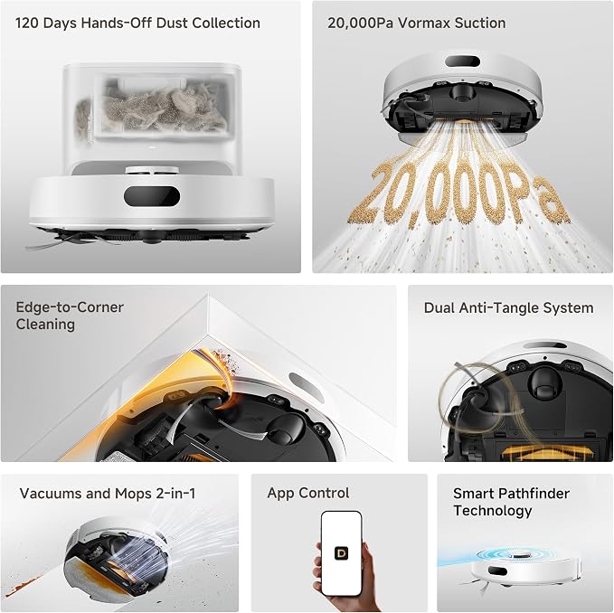 dreame D20 Air Plus Robot Vacuum and Mop, 20,000Pa Powerful Suction | 120-Day Self-Emptying with 4L Dust Bag, Anti-Tangling Tech, Edge-to-Corner Cleaning, Deep Carpet Cleaning, 360° Navigation