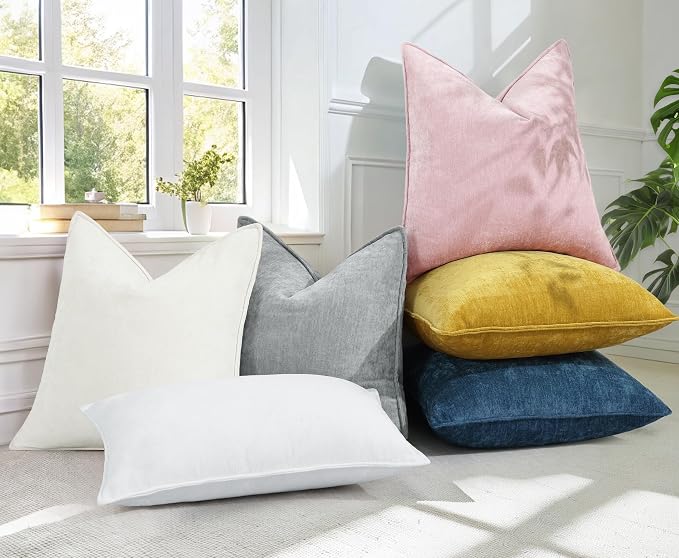 decorUhome Chenille Blush Pink Velvet Throw Pillow Covers 24x24 Set of 2 | Fall Soft Euro Sham Couch Decorative Modern Farmhouse Pillow Cases with Elegant Design for Sofa Bed Living Room Home Decor
