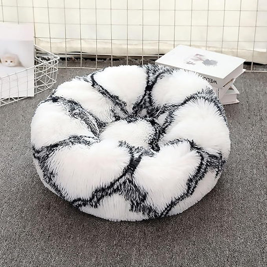Calming Dog Bed for Small Dogs, Calming Donut Cuddler Pet Bed Anti Anxiety Round Dog Bed Fluffy Plush Faux Fur Cat Bed,Black+White,15.7IN