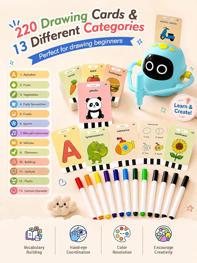 Kikapabi Drawing Robot Toys for Kids, 220 Flash Cards Gift for 3-8 Years Old Boys Girls, Montessori Doodle Art Painting with Voice Interactive for Beginners, Birthday (Blue)