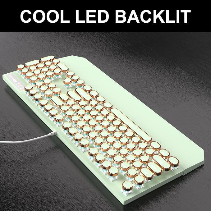 Camiysn Typewriter Style Mechanical Gaming Keyboard, Green Retro Punk Gaming Keyboard with White Backlit, 104 Keys Blue Switch Wired Cute Keyboards, Round Keycaps for Windows/Mac/PC