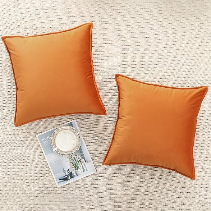 Velvet Orange Throw Pillow Covers 18”x18”Pack of 2 Soft Decorative | Square Cushion Covers for Couch Sofa Bed Livingroom Car Home Decor,45x45Cm