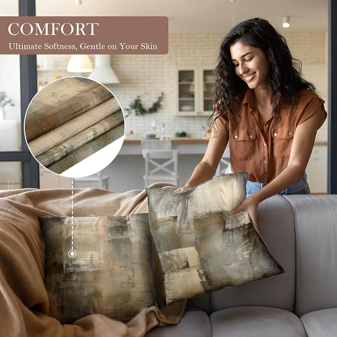 Set of 4 Abstract Throw Pillow Covers 18x18 Brown Tan Gray | Taupe Modern Abstract Art Decorative Cushion Covers, Neutral Pillow Cases for Sofa Couch Bedroom Living Room