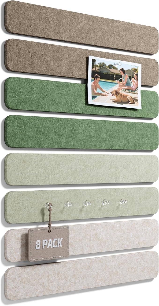Fluxynara 13" x 2" Felt Wall Panels, Moss Haven | 8-Pack Includes 50 Push Pins and Adhesive Tabs for Photos, Notes and Decor in Bedroom Doors, Home Office or Studios