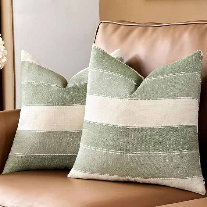 Pack of 2 Farmhouse Stripe Check Throw Pillow Covers Set Case Cotton Linen Decorative Pillowcases Cushion Cover for Couch Bench Sofa 24x24 Inch Sage Green