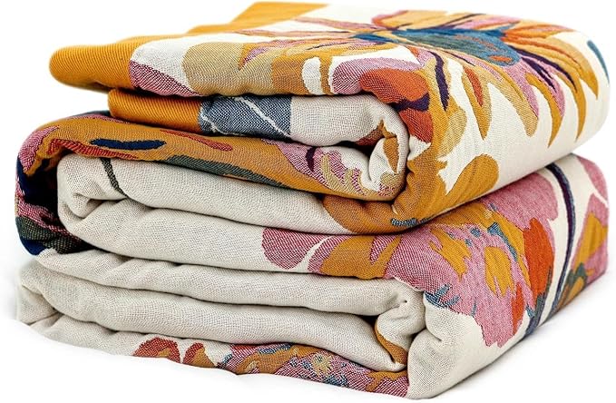 LUTBM Throw Blanket for Bed, 100% Cotton Boho Lightweight Quilt, Room Decor | Reversible 90"x98" Floral Butterfly Blankets, All-Season, For Chair Sofa Couch Room, Breathable Soft Bedspread for Summer