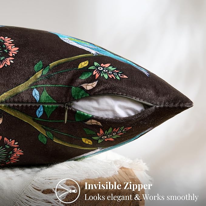 MUSSEL Brown Velvet Floral Decorative 12x20 Lumbar Pillow Covers Set of 2 | Durable and Sturdy,Botanical Printed Pattern,Throw Pillows Case,Rectangle,Colorful Farmhouse,Home Sofa Bed Couch Decor