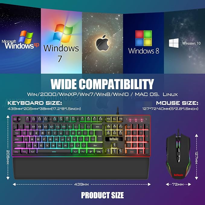 RedThunder K10 Wired Gaming Keyboard and Mouse and Wrist Rest Combo, RGB Backlit, Mechanical Feel Anti-ghosting Keyboard + 7D 7200 DPI Mice+Soft Leather Wrist Rest 3 in 1 PC Gamer Accessories(Black)