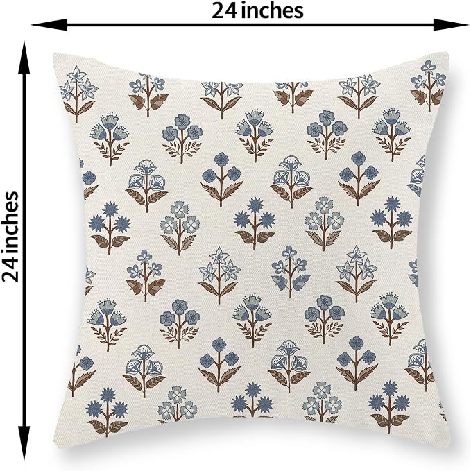 Brown Blue Pillow Covers 24x24 Inch Set of 2 Boho Block Print Floral Throw Pillows Vintage Flower Decorative Pillow Cases Outdoor Linen Farmhouse Cushion Cover for Couch Sofa Bed Decor
