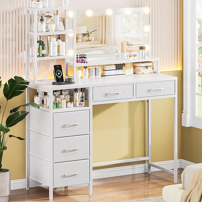Vanity Desk with Mirror, 9 Lights, 3 Color Modes with Adjustable Brightness, 5 Spacious Fabric Drawers & Storage Shelves, Makeup Vanity with Power Outlets, Modern Vanity Table for Bedroom, White