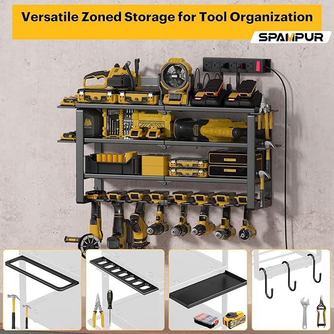 Spampur Large Power Tool Organizer Wall Mount, 4-Tier Rack with Charging Station & 8 Drill Holders, Garage Workshop Tool Storage, Gift for Husband/Dad