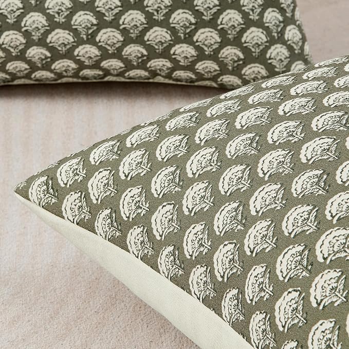 MIULEE Floral Print Decorative Euro Pillow Covers 24x24, Sage Green | Vintage Boho Farmhouse Modern Home Decor, Set of 2, Block Print Cushion Covers for Couch Sofa Bed Living Room
