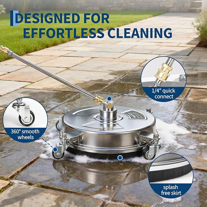 16.5" Pressure Washer Surface Cleaner with 4 Wheels, Stainless Steel Surface Cleaner for Pressure Washer Attachment for Patio, Sidewalk, Deck and Driveways