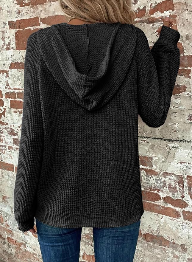 Dokotoo Hoodies for Women Waffle Knit Long Sleeve Drawstring Button V Neck Casual Sweatshirt Hooded Tops Fashion Clothing
