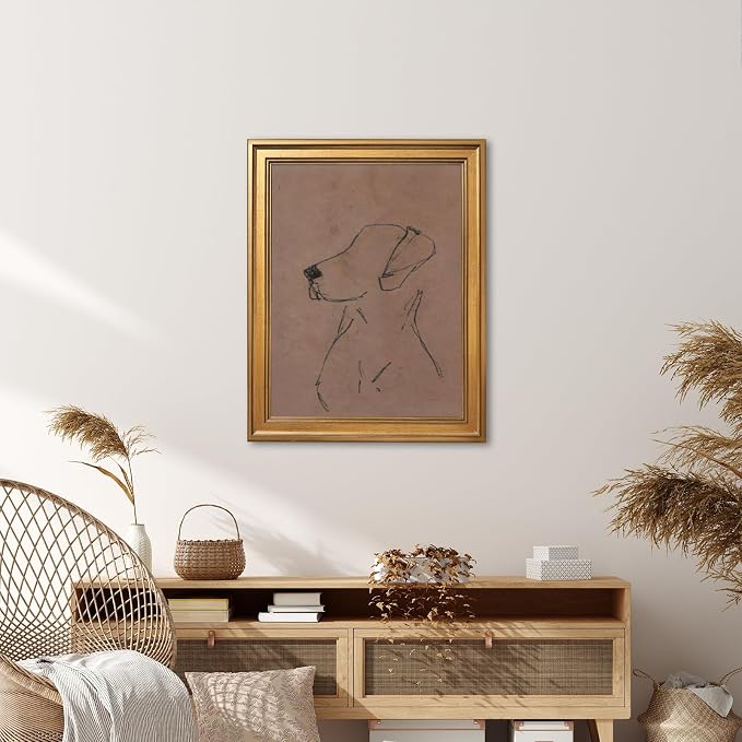 Gold Framed Minimalist Dog Sketch Wall Art Painting Neutral Line Drawing Dog Portrait Print Modern Pet Lover Picture Poster Simple Aesthetic Canvas Artwork for Room Bedroom Office Home Decor 16x20inch