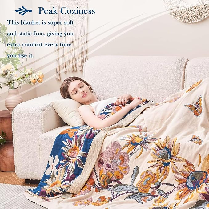 XIBLC Boho Throw Blanket, 100% Cotton Ultra Soft Luxury Throw Rustic Quilt, 90"x98" Floral Bird Butterfly Farmhouse Decor Bed Blankets, All Season Rustic Reversible Bohemian Throw for Bed - Yellow