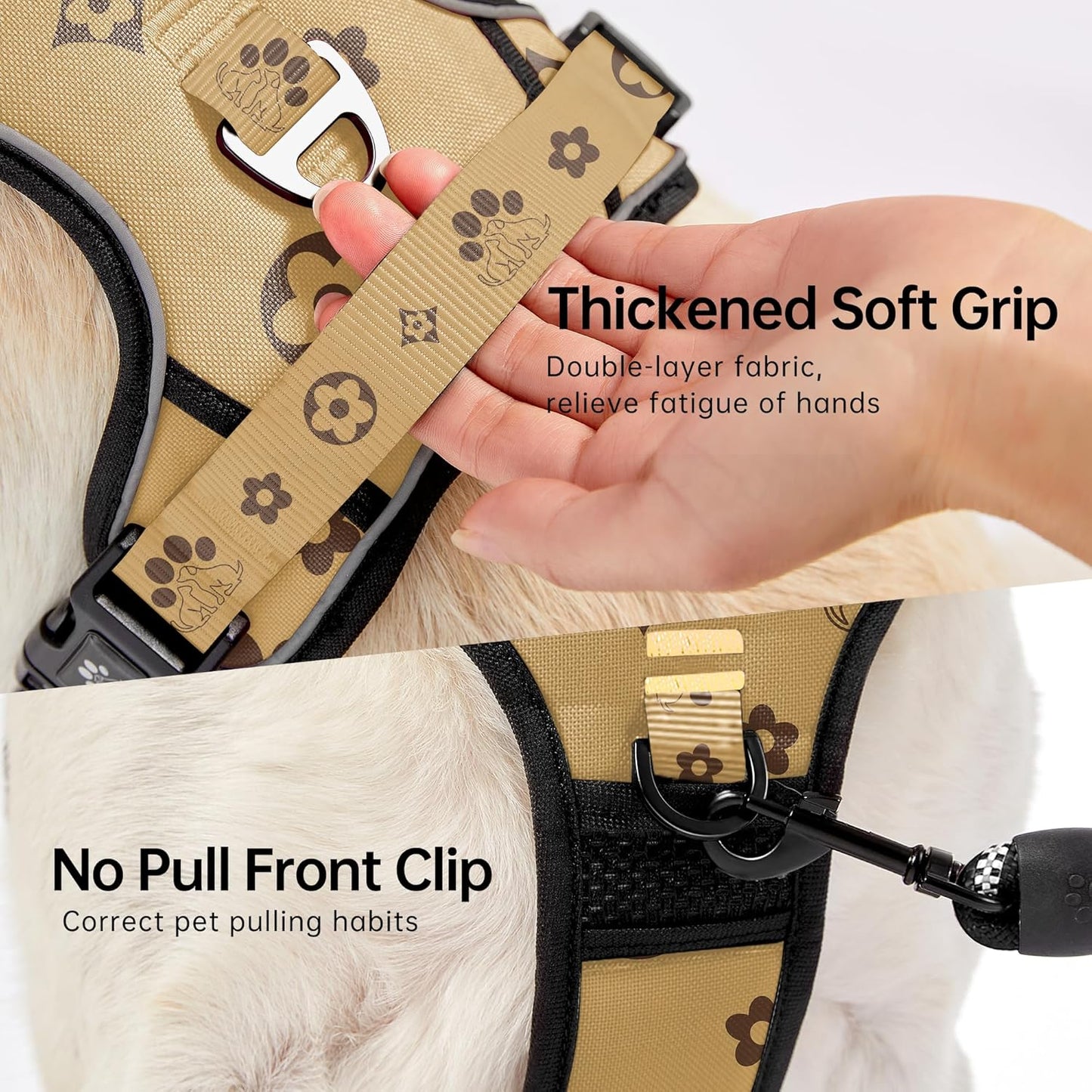 NESTROAD No Pull Dog Harness,Adjustable Oxford Dog Vest Harness with Leash,Reflective No-Choke Pet Harness with Easy Control Soft Handle for Large Dogs(X-Large,Light Brown)