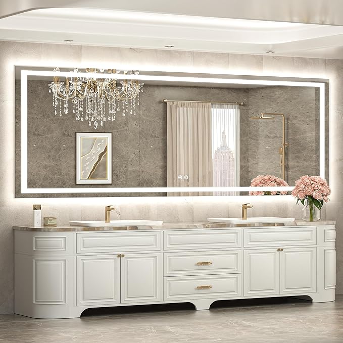 TETOTE 96 x 36 LED Lighted Bathroom Mirror with Lights Wall Mounted, Brighter Front and Backlit Led Vanity Mirror, 3-Color Dimmable Light up Anti Fog Mirror, Waterproof, Shatterproof Tempered Glass