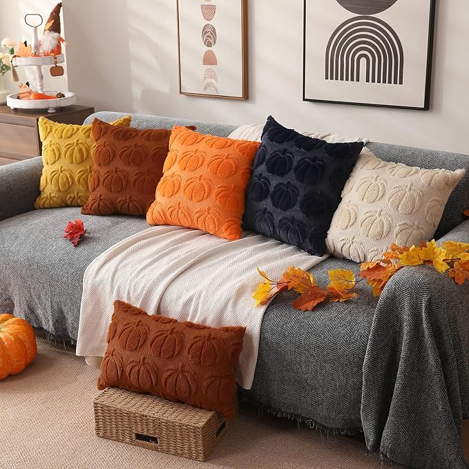 DFXSZ Fall Pillow Covers 18x18 2Pcs Orange Pumpkin Fall Decoration for Home | Fall decor Set of 2 Throw Pillow Cases Soft Plush Faux Fur Wool Couch Cushion for Chair Sofa Bedroom Living Room Home Decor
