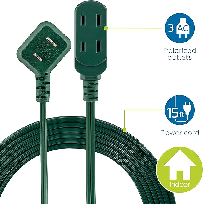 Philips Extension Cord, 15 Ft, 3-Outlet Flat Plug Extension Cord, Flat Extension Cord with Multiple Outlets, 2 Prong Extension Cord, Safety Slide Long Extension Cord, 1 Pack, Green, SPS1032GE/27