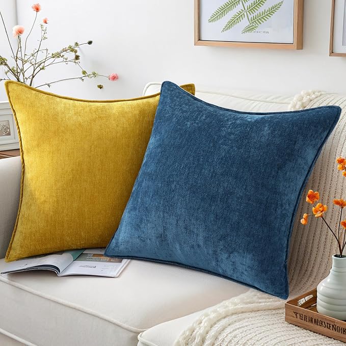 decorUhome Chenille Poseidon Velvet Throw Pillow Covers 22x22 Set of 2 | Fall Soft Euro Sham Couch Decorative Modern Farmhouse Pillow Cases with Elegant Design for Sofa Bed Living Room Home Decor