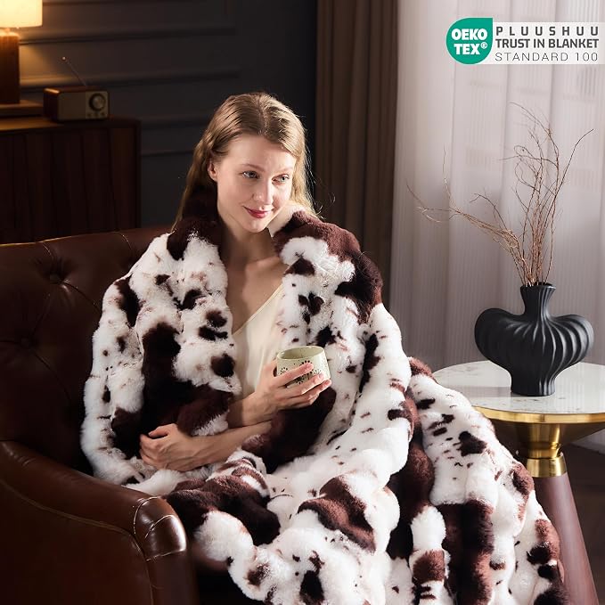 Faux Fur Throw Blanket for Couch, Fluffy Fuzzy Plush Bubble Blanket, Soft Warm Cozy Shaggy Rabbit Blanket, Luxury Decorative Gifts for Sofa Bedroom Living Room, 108x90inch (Cow Print-Brown)