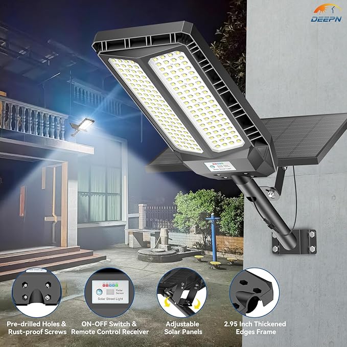Deepn Solar Lights Outdoor, 8000W Solar Street Lights Outdoor Waterproof Dusk to Dawn LED Security Flood Light with Motion Sensor and Remote Control for Pathway, Entryway & Yard, 1 Pack