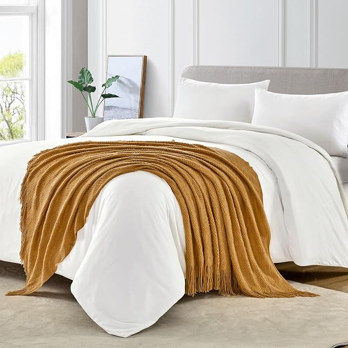 BOURINA Almond Throw Blanket 50x60 Inches Throw Textured Solid Soft Ripple Throws and Blankets for Sofa or Bed Knitted Decorative Throw