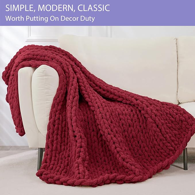 Bigacogo Chunky Knit Throw Blanket for Couch, 40x40 inches, Red | Hand Knit with Jumbo Chenille, Soft Breathable Cable Knit for Sofa Bed Living Room, Machine Washable, Gift for Mom Friend