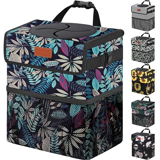 Vankor 3 Gallons Car Trash Can with Lid, Bag Bin Hanging Waterproof Automotive Car Garbage Cans Leak Proof Vehicle Trash Can for Truck SUV,Colorful Leaves
