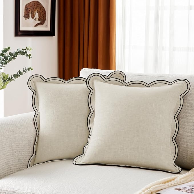 Ohocut Scalloped Pillow Cover Pack of 2 Spring Chenille Decorative Throw Pillow Covers Cute Boho Couch Pillow Covers Aesthetic Funky Preppy Pillow Cases for Sofa Living Room (Light Beige, 20x20 Inch)