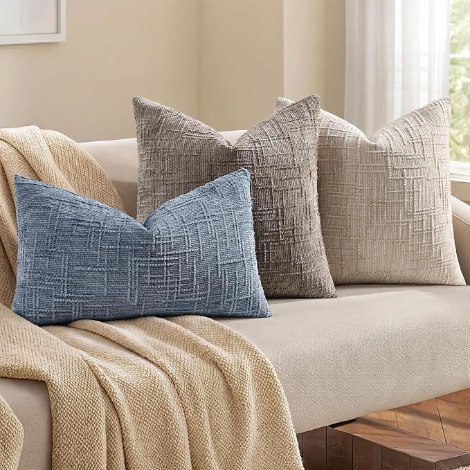 decorUhome Textured Chenille Throw Pillow Covers 18x18 Set of 2 Grey Blue | Fall Modern Farmhouse Soft Cozy Slubby Couch Pillow Cases Boho Decorative Pillow Cases for Bed Sofa Living Room Home Decor