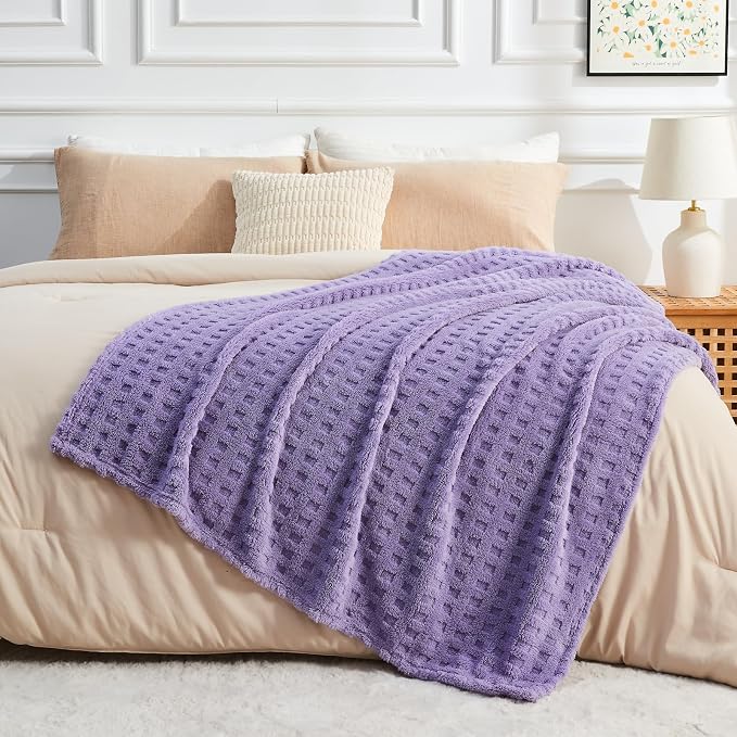 NEWCOSPLAY 3D Waffle Checkered Flannel Throw Blanket, Lavender, 50"x70" | Super Soft Cute Lightweight Decorative Premium Silky Fleece Blanket for Couch Sofa Bed, Gift for Women Men, All Season Use
