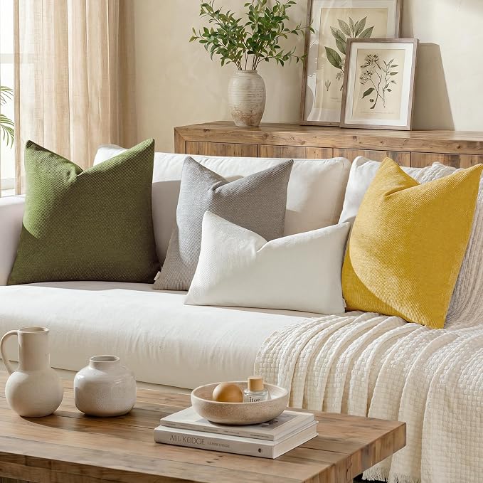Fall Decorative Throw Pillow Covers Pack of 2,20x12 Inch Mustard Yellow | Twill Chenille Cushion Covers for Sofa Living Room Couch Bed